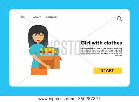 Icon Of Smiling Girl With Clothes Donate Box. Volunteer, Charity, Help. Altruism Concept. Can Be Use