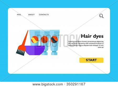 Vector Icon Of Hair Dyes Tubes With Tinting Brush And Mixing Bowl. Hair Coloring, Hairdressing Salon