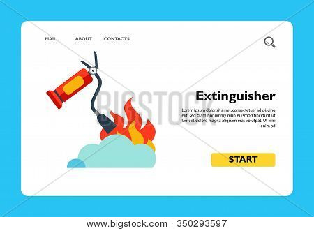 Vector Icon Of Fire Extinguisher Putting Out Flame. Conflagration, Fire Safety. Protection Concept. 
