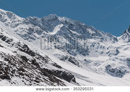 Natural Monument El Morado. An Snowy Valley Among The Mountains In Cajón Del Maipo, Central Andes Of