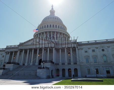 Washington D.c., Usa - June 3, 2019: American Flag Half-mast On Top Of The Capitol.