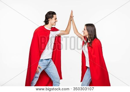 Young Couple Give Five Wear In Red Hero Cout Isolated On White Background