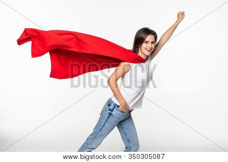 Young Woman Her Wear In Hero Cout Isolated On White Background