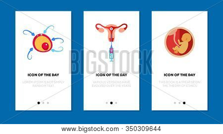 Fertilization Process Flat Icon Set. Embryo, Womb, Syringe Isolated Sign Pack. Pregnancy, Baby Plann