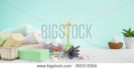 Natural Bath Soaps For Aromatherapy And Body Care . Lavender Spa Treatment, Towels, Sea Salt And Dri
