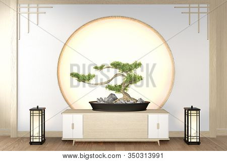 Bonsai Tree On Cabinet Wooden On Wall Room Zen Style And Decoraion Wooden Design, Earth Tone.3D Rend