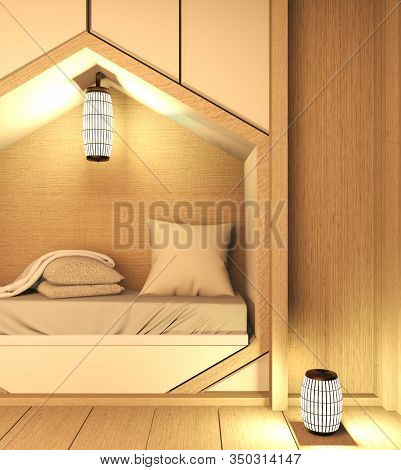Hexagon Bed Shelf, Bedroom Japanese Style With Plants And Lamp Decoration On Wooden Floor.3D Redneri