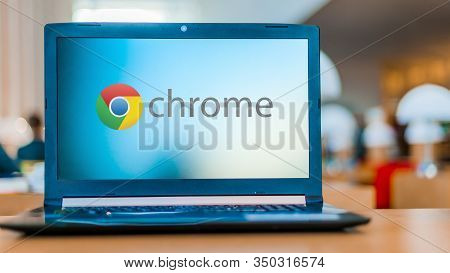 Poznan, Pol - Dec 11, 2019: Laptop Computer Displaying Logo Of Google Chrome, A Cross-platform Web B