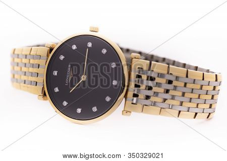 Saint-imier, Switzerland, 2.02.2020 - Longines Luxury Watch With Black Watch Face Gold Metal Bracele