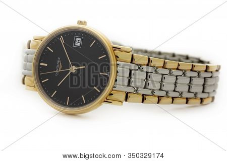 Saint-imier, Switzerland, 2.02.2020 - Longines Luxury Watch With Black Watch Face Gold Metal Bracele