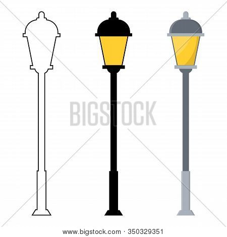 Outline, Black Silhouette, Cartoon Streen Lights Set Isolated On White Background. Vintage Street Li