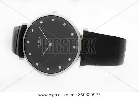 Saint-imier, Switzerland, 2.02.2020 - Longines Automatic Silver Steel Body With Bracelet Watch Close