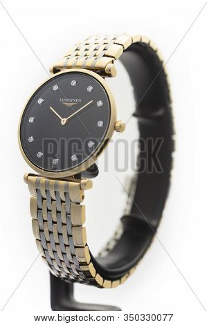 Saint-imier, Switzerland, 2.02.2020 - Longines Luxury Watch With Black Watch Face Gold Metal Bracele