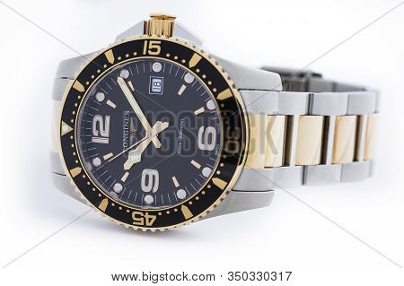 Saint-imier, Switzerland, 2.02.2020 - Longines Luxury Watch With Black Watch Face Gold Metal Bracele