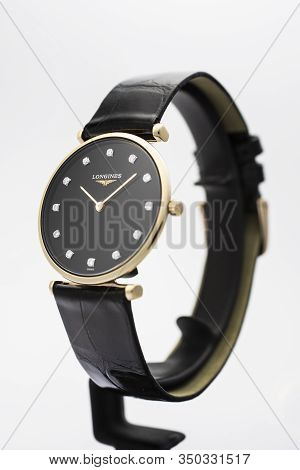 Saint-imier, Switzerland, 2.02.2020 - Longines Automatic Silver Steel Body With Bracelet Watch Close