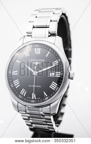 Saint-imier, Switzerland, 2.02.2020 - Longines Automatic Silver Steel Body With Bracelet Watch Close
