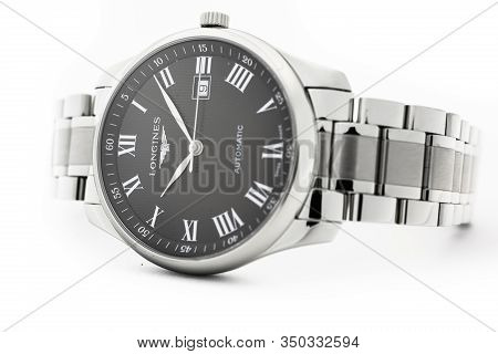 Saint-imier, Switzerland, 2.02.2020 - Longines Automatic Silver Steel Body With Bracelet Watch Close