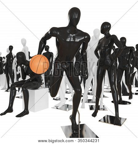 Running Faceless Mannequin With A Basketball On The Background Of Other Dummy. 3d Rendering