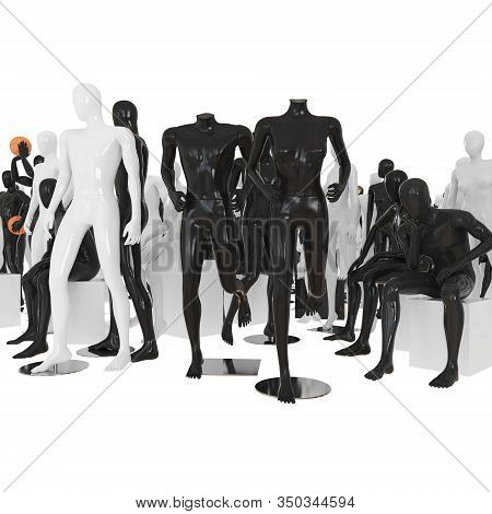 Male And Female Mannequin Without A Head In A Running Pose Against The Background Of Others In Diffe