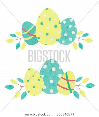 Easter Eggs And Branch. Spring Hand-drawn Clip-art Isolated On White Background. For Printing, Stick
