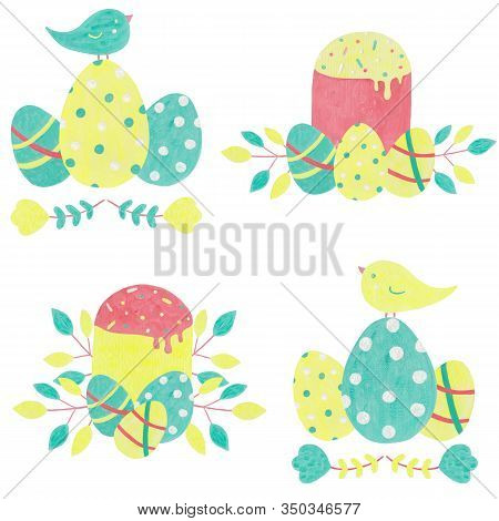 Easter Eggs And Easter Cake.funny  Hand-drawn Clip-art.yellow, Green, Red Elements Isolated On White