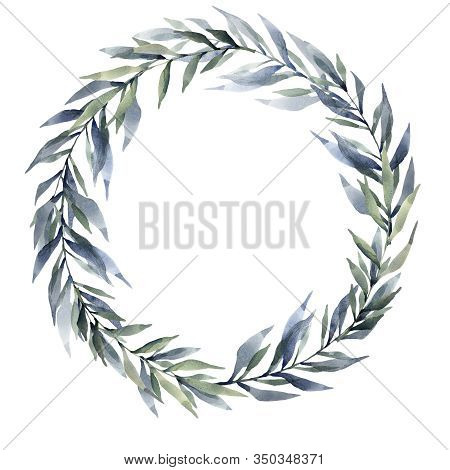 Hand Drawn Watercolor Wreath Of Green Branches And Leaves. Spring Floral Card Design.