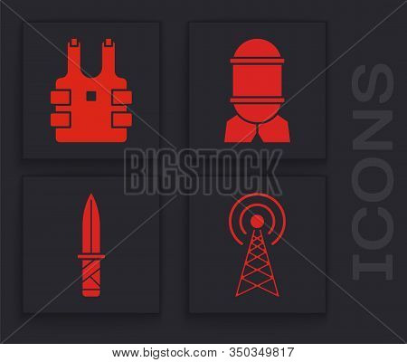Set Radar , Bulletproof Vest For Protection From Bullets , Aviation Bomb And Military Knife Icon. Ve