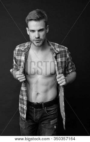 Hes Sexy And He Knows It. Sexy Man In Unbuttoned Shirt. Handsome Guy With Sexy Bare Torso. Wellness 