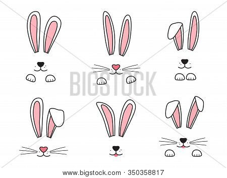 Easter Bunny Hand Drawn, Face Of Rabbits. Ears And Muzzle With Whiskers, Paws. Vector Illustration