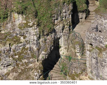Stairs In Natural Sandstone Rock Formations In Petrusse Park In Luxembourg City Centre Just Below Co