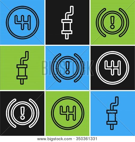 Set Line Gear Shifter, Brake System Warning And Car Muffler Icon. Vector