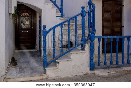 2 Cats Laying Down On Stairs With Blue Railing In Front Of A Traditional Greek House In Skala Eresso