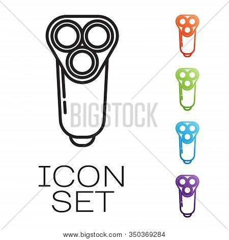 Black Line Electric Razor Blade For Men Icon Isolated On White Background. Electric Shaver. Set Icon