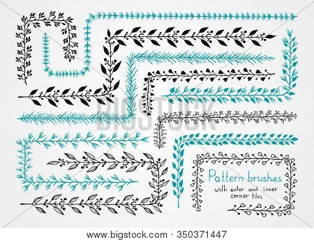 Vector Set Of Floral Hand Drawn Pattern Brushes With Outer And Inner Corner Tiles. Brushes Are Inclu