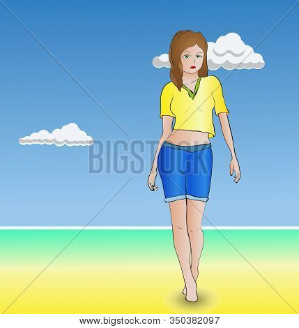 Vertor Graphics. Girl In Shorts On The Beach.