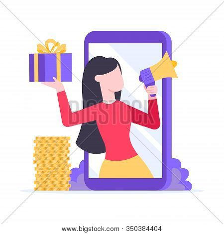 Refer A Friend Flat Style Design Vector Illustration Isolated On White Background. Woman With Megaph