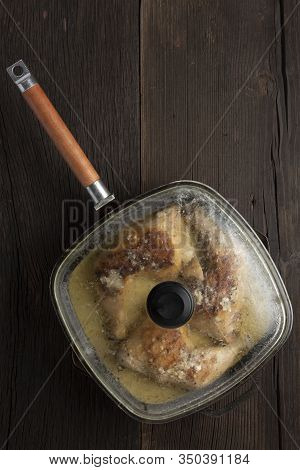Fried Chicken Legs In A Pan, Rustic Style, Top View
