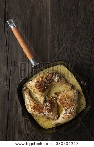 Fried Chicken Legs In A Pan, Rustic Style, Top View