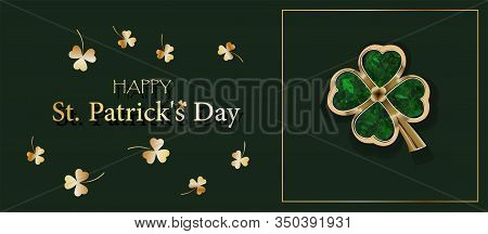 Clover Sheet On A Green Background. Jewelery. Golden Clover. Chic Postcard For Saint Patricks Day. H