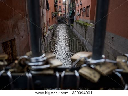 Bologna, Italy-january 31, 2020: Padlocks Hanging On The Gate On The Moline Canal In Via Oberdan, In