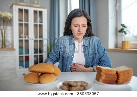 Woman Having A Stomach Ache Beacause Of Glutein