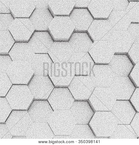 Hexagons Honeycomb Background Abstract Science Design. Dotwork Frame. Halftone Style Monochrome Grad