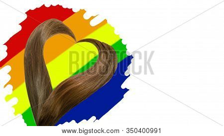 Cut Hair Tails In Shape Of Heart Highlighted By Lines Painted In Colors Of Lgbt Flag On White Rectan