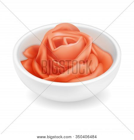 Realistic 3d Pickled Ginger Rose In A Round Bowl. Pink Sushi Condiment Isolated On White Background.