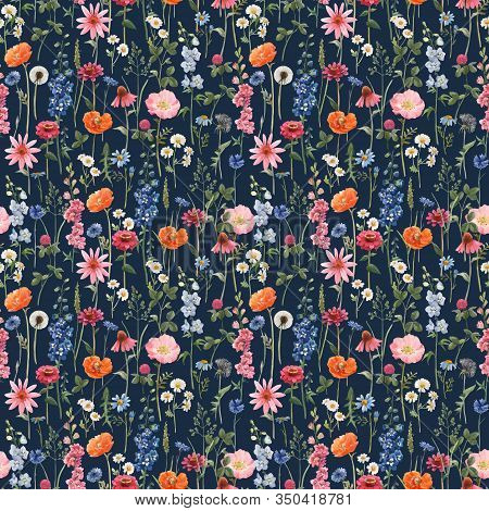 Beautiful Vector Floral Summer Seamless Pattern With Watercolor Hand Drawn Field Wild Flowers. Stock