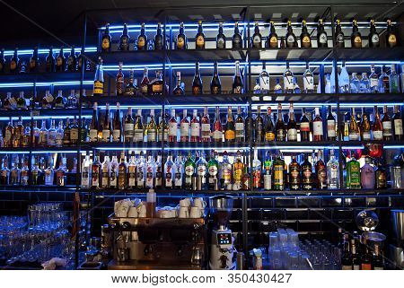 Chernivtsi, Ukraine. December 30, 2019. Bar: Goira. Heroiv Maidanu Str. 2v. Alcohol Bottles Are Illu