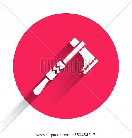 White Native American Tomahawk Axe Icon Isolated With Long Shadow. Red Circle Button. Vector Illustr