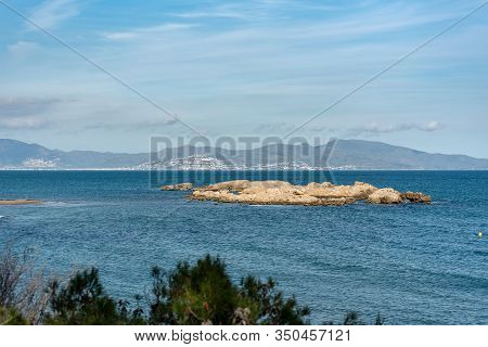 Platja De Les Muscleres In La Escala Behind The Ruins Of Empuries, In The Province Of Giron, Catalon