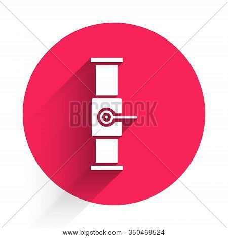White Industry Metallic Pipe And Valve Icon Isolated With Long Shadow. Red Circle Button. Vector Ill