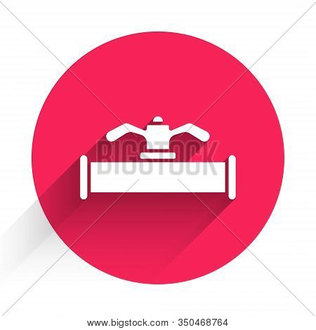 White Industry Metallic Pipe And Valve Icon Isolated With Long Shadow. Red Circle Button. Vector Ill